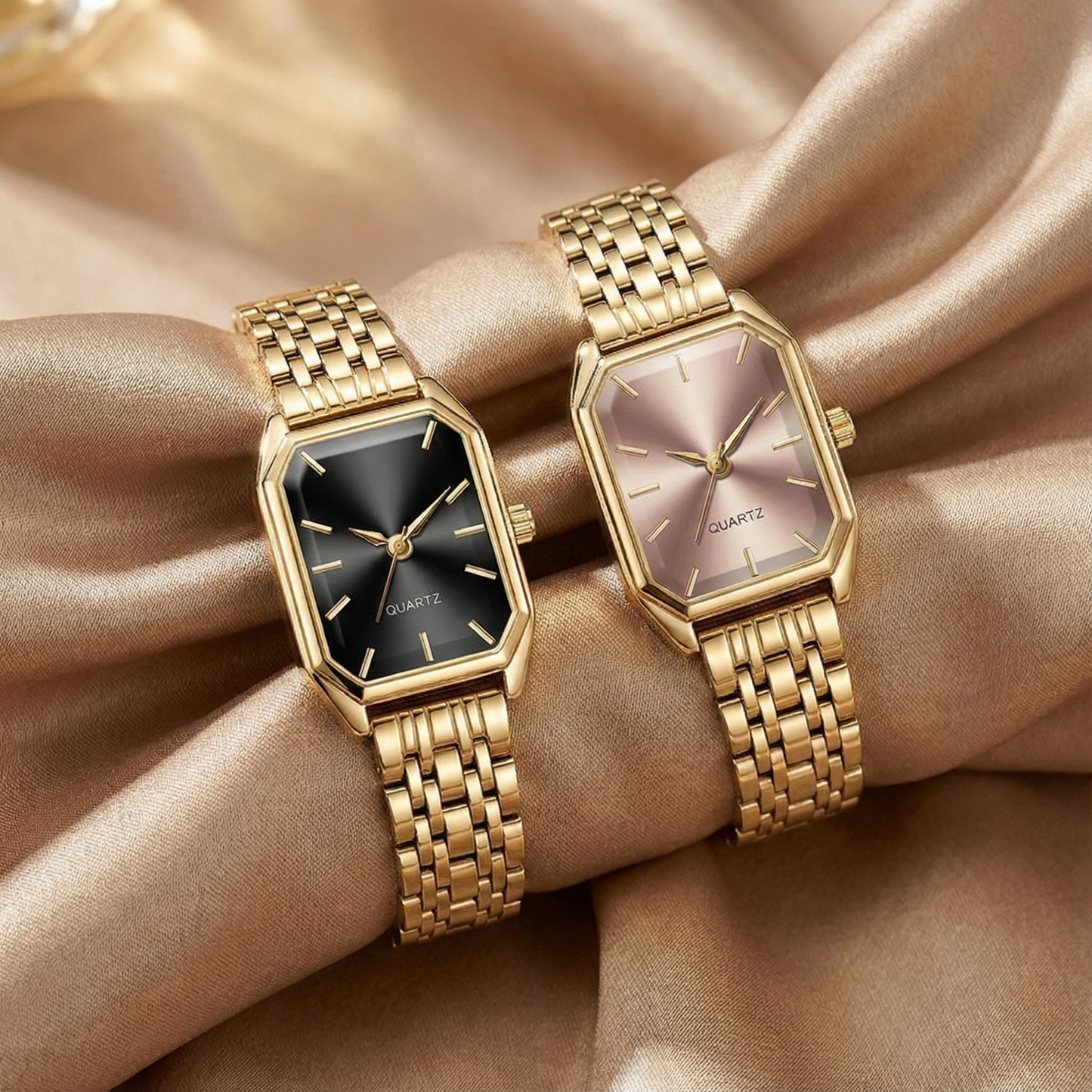 Gold Rectangular Women's Watch | Stainless Steel Link Bracelet | Black, Green & Pink Dial Options | Contemporary Elegant Timepiece