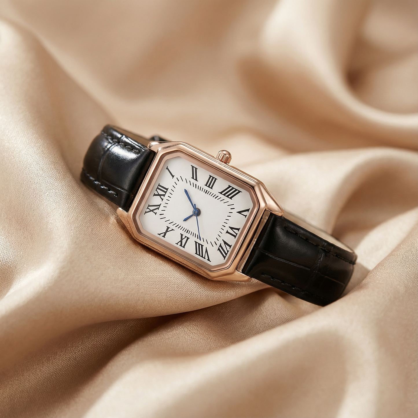 Rose Gold Rectangular Watch for Women | Leather Strap Watch | Green, Black, Red & Brown Options | Elegant Timeless Timepiece