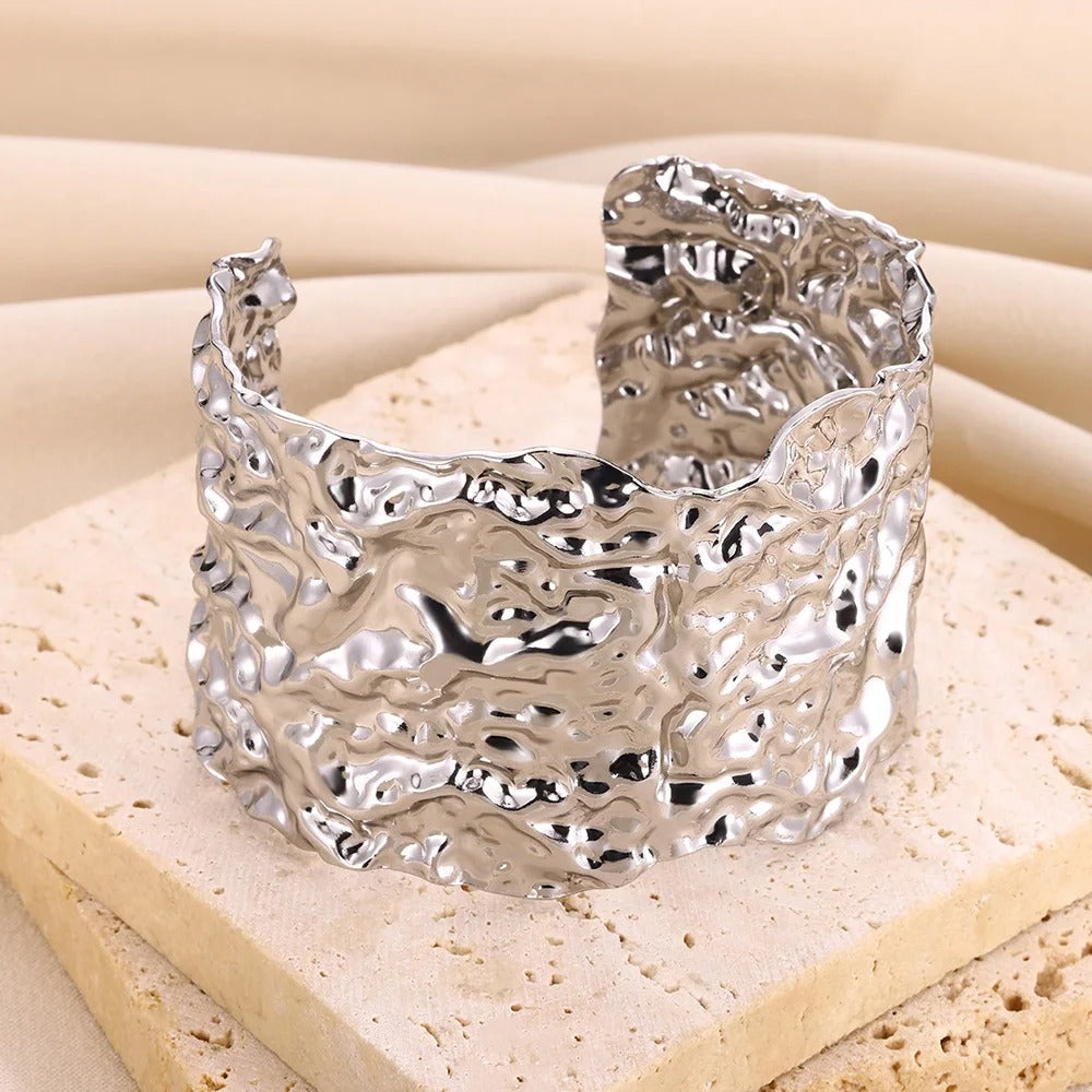 Gold & Silver Hammered Cuff Bracelet | Stainless Steel Statement Bangle | Contemporary Women's Jewellery