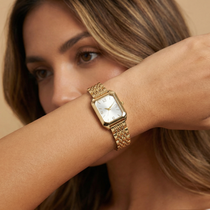 Gold Rectangular Bracelet Watch for Women | Stainless Steel Timepiece | Champagne, Blue & White Dial Options