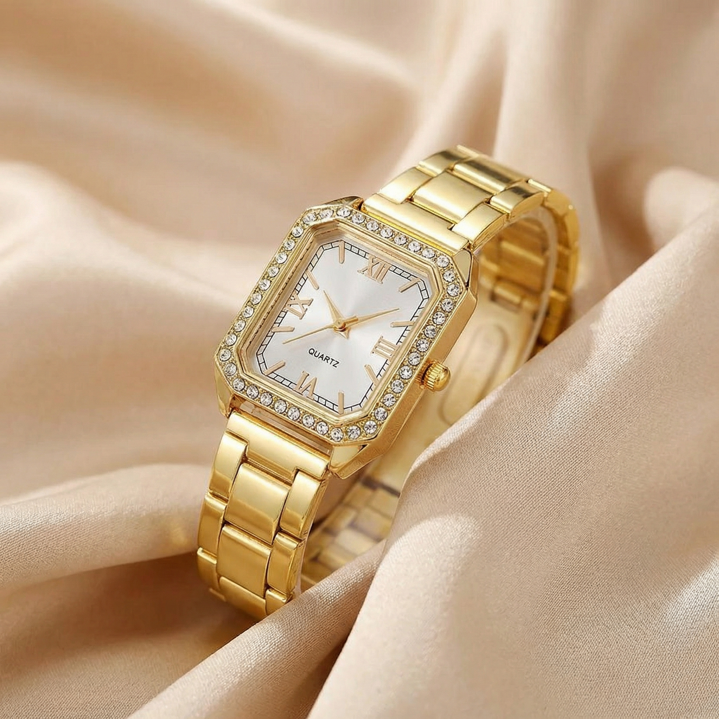 Gold Square Bracelet Watch for Women | Stainless Steel Timepiece | Blue, Green, Pink, White & Black Dial Options | Crystal Accent Watch