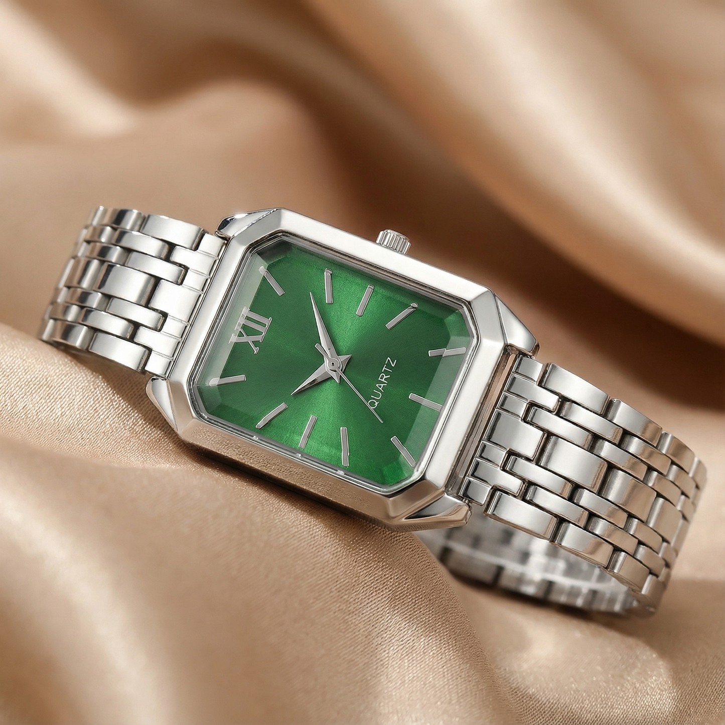 Silver Square Watch for Women | Stainless Steel Link Bracelet | Pink, Green, Silver & Black Dial Options | Contemporary Fashion Timepiece