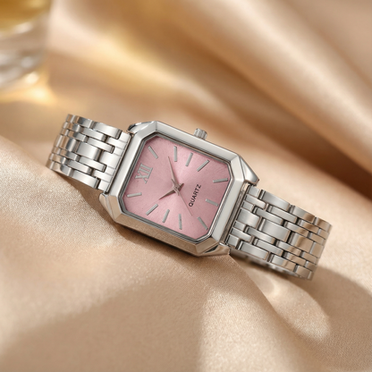 Silver Square Watch for Women | Stainless Steel Link Bracelet | Pink, Green, Silver & Black Dial Options | Contemporary Fashion Timepiece