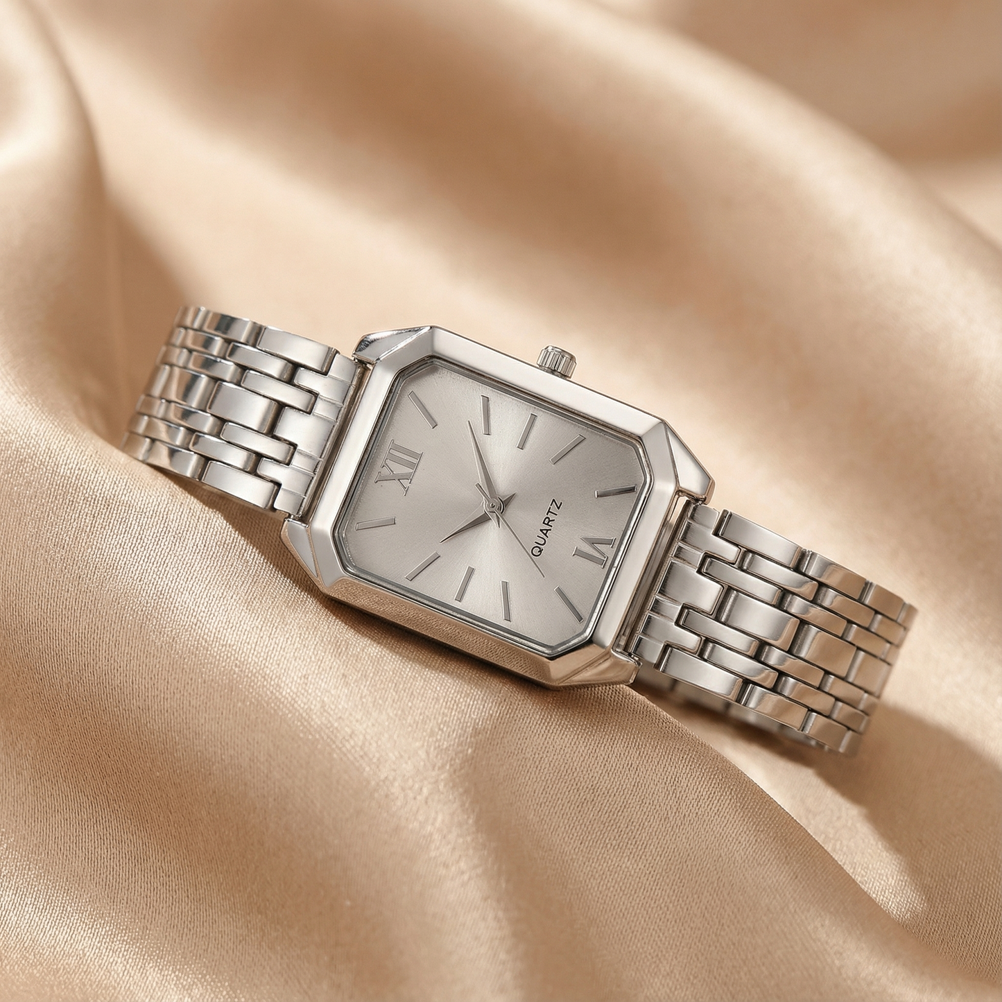 Silver Square Watch for Women | Stainless Steel Link Bracelet | Pink, Green, Silver & Black Dial Options | Contemporary Fashion Timepiece