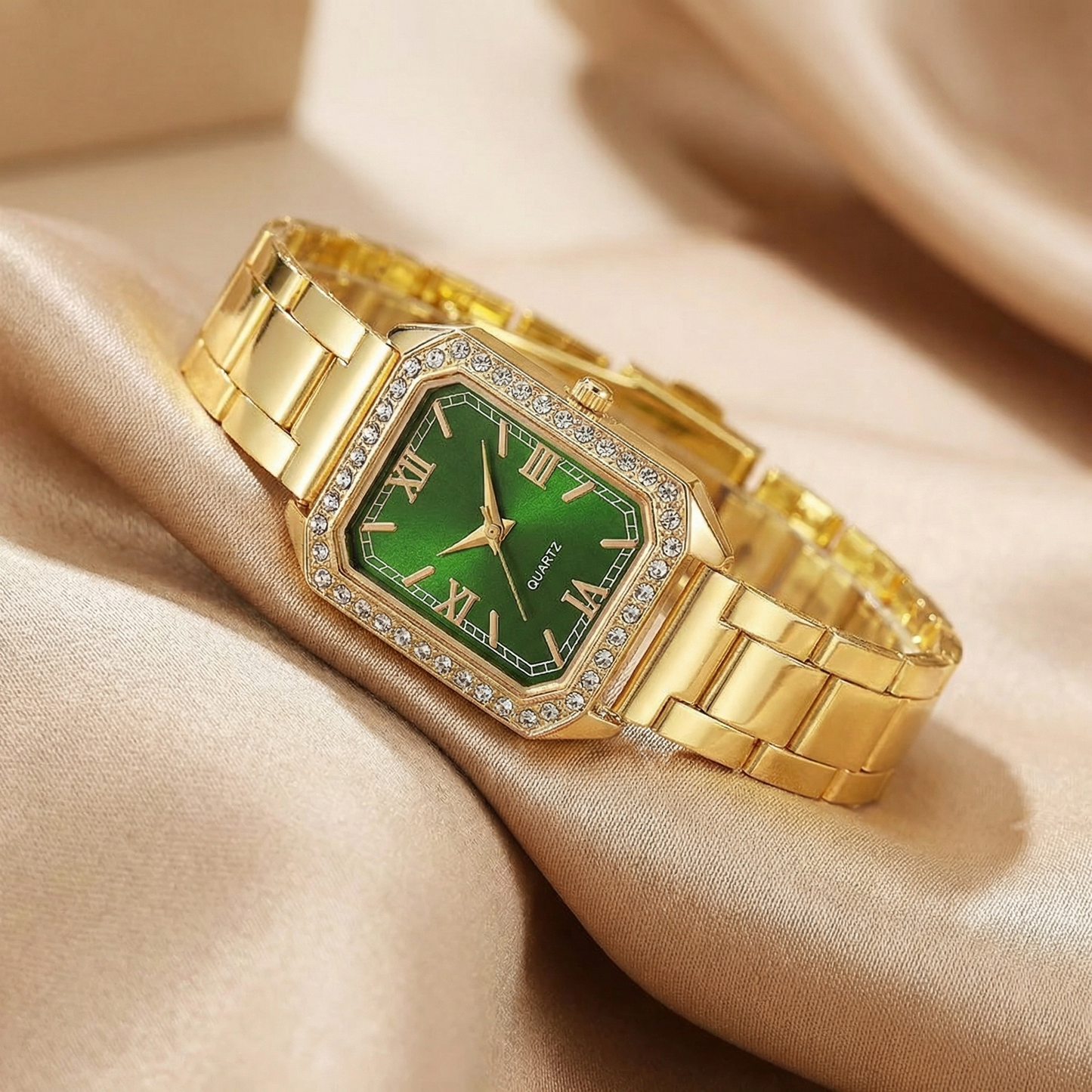 Gold Square Bracelet Watch for Women | Stainless Steel Timepiece | Blue, Green, Pink, White & Black Dial Options | Crystal Accent Watch