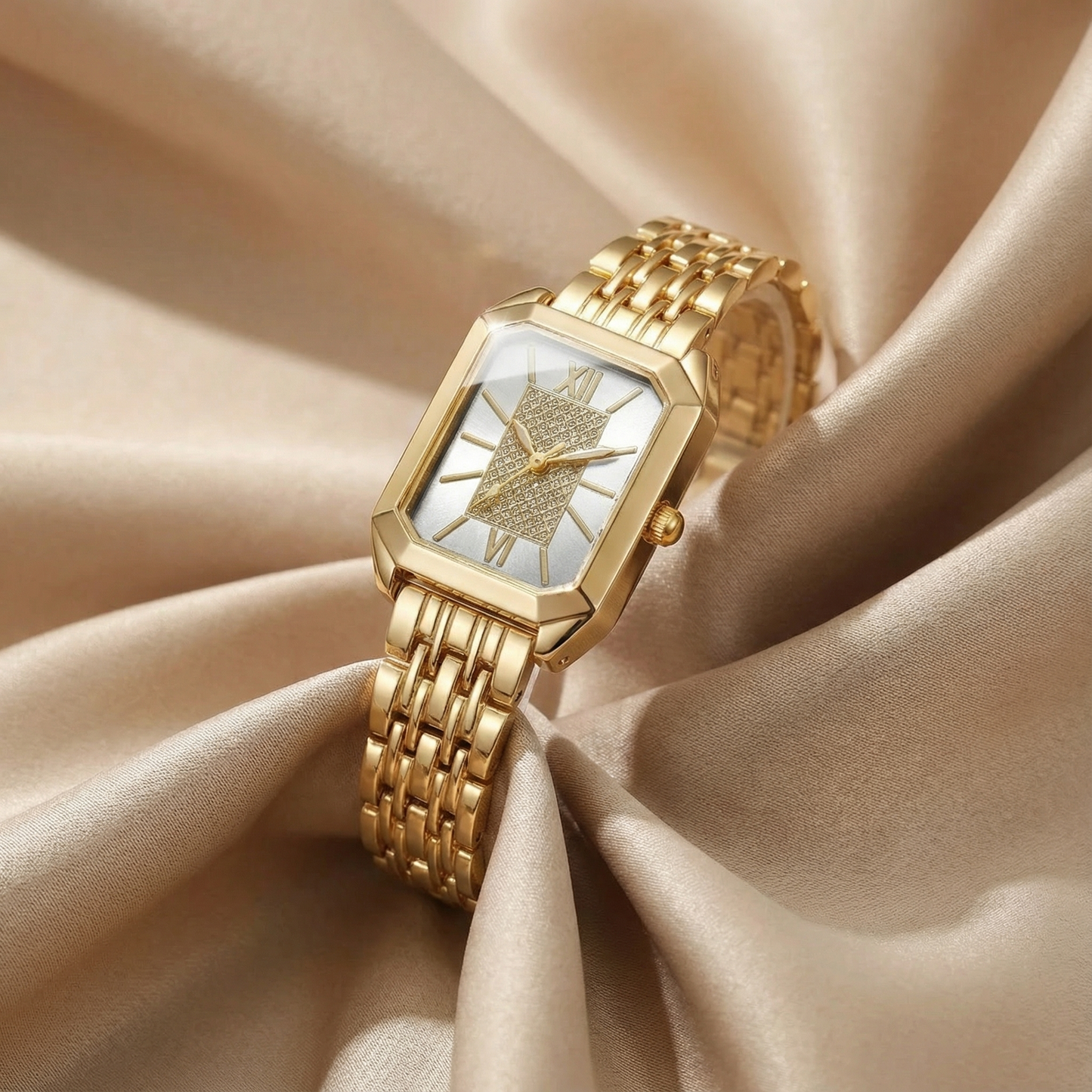Gold Rectangular Watch for Women | Stainless Steel Link Watch | Black, Green & White Dial Options | Contemporary Fashion Timepiece