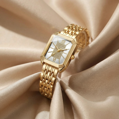 Gold Rectangular Watch for Women | Stainless Steel Link Watch | Black, Green & White Dial Options | Contemporary Fashion Timepiece