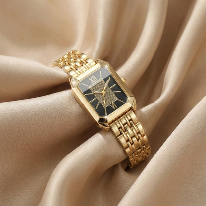 Gold Rectangular Watch for Women | Stainless Steel Link Watch | Black, Green & White Dial Options | Contemporary Fashion Timepiece
