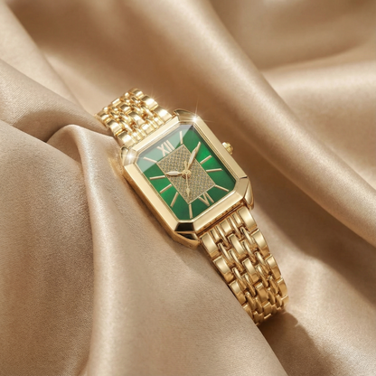 Gold Rectangular Watch for Women | Stainless Steel Link Watch | Black, Green & White Dial Options | Contemporary Fashion Timepiece