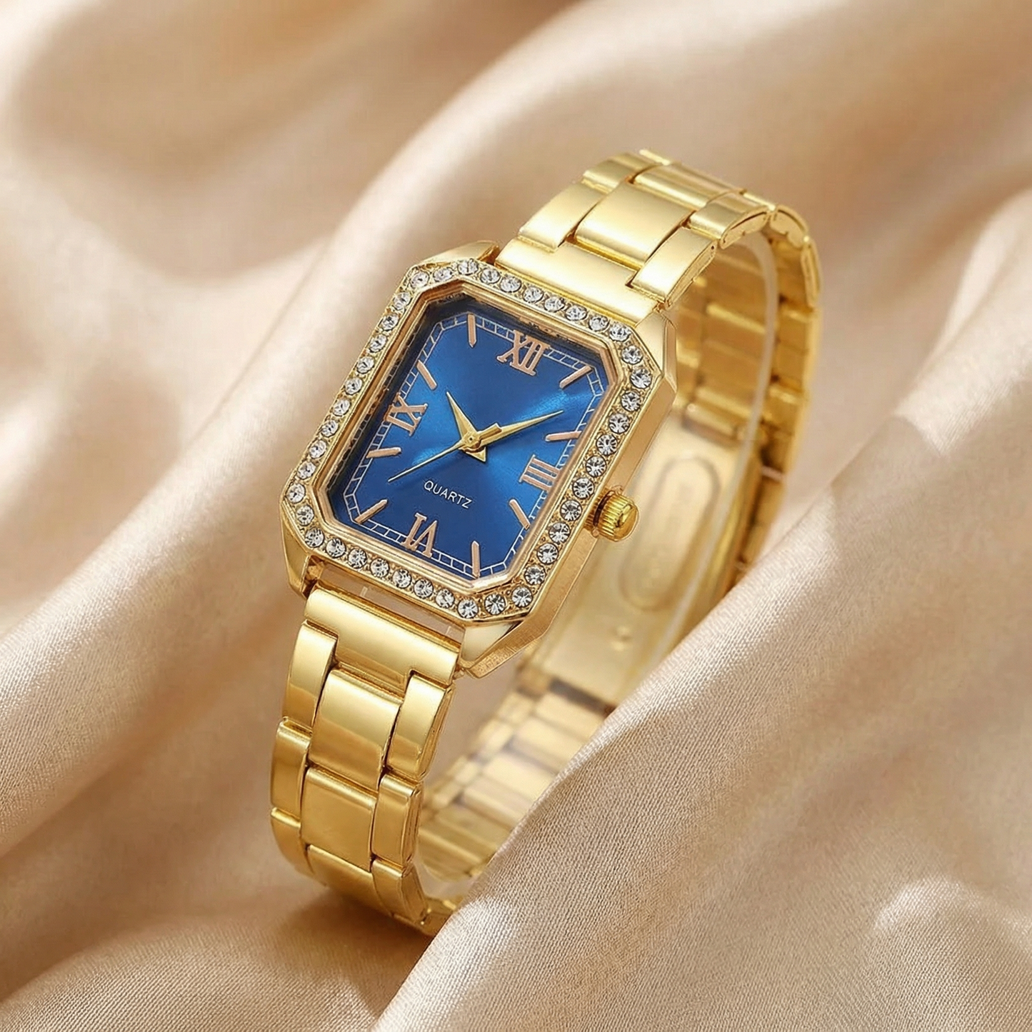 Gold Square Bracelet Watch for Women | Stainless Steel Timepiece | Blue, Green, Pink, White & Black Dial Options | Crystal Accent Watch