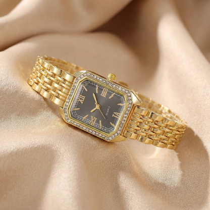 Gold Rectangular Bracelet Watch for Women | Crystal Accent Stainless Steel Timepiece | Roman Numeral Dial