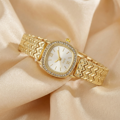 Gold Oval Dial Watch for Women | Stainless Steel Bracelet Watch | White, Black, Pink & Green Dial Choices | Crystal Accent Timepiece
