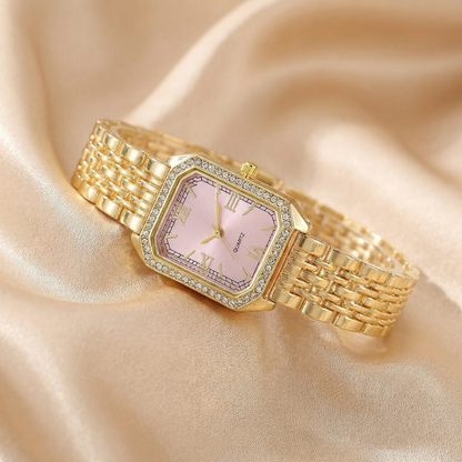 Gold Rectangular Bracelet Watch for Women | Crystal Accent Stainless Steel Timepiece | Roman Numeral Dial