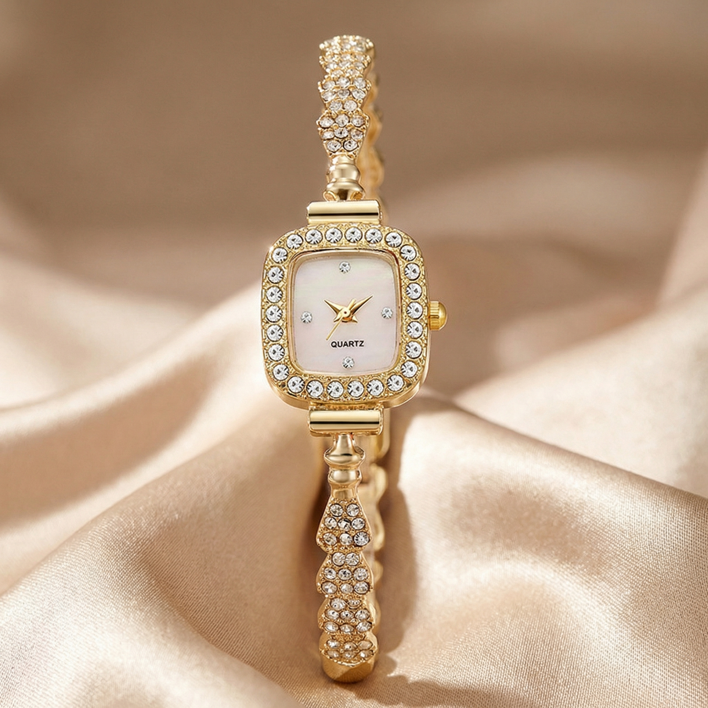 Gold, Silver & Rose Gold Crystal Bracelet Watch | Stainless Steel Quartz Timepiece with Square Dial | Elegant Luxury Watch
