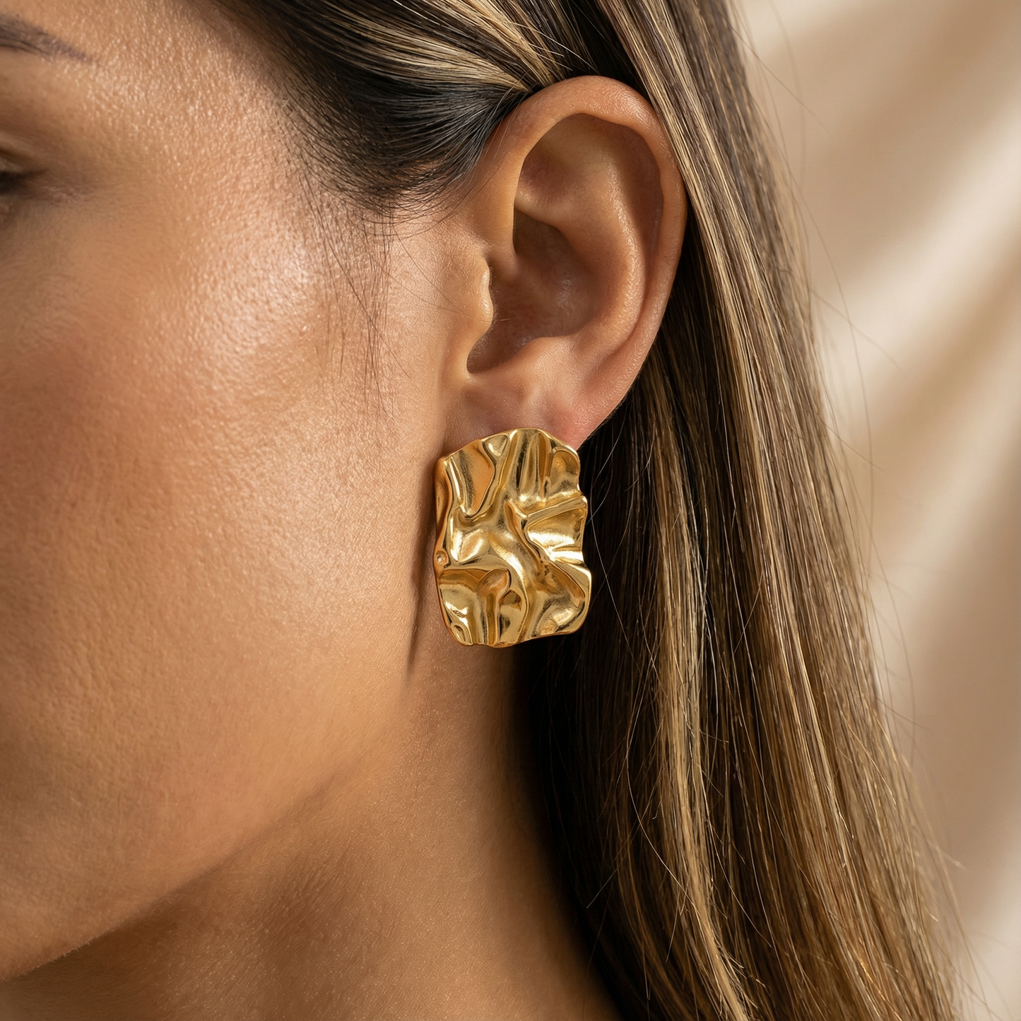 Gold Textured Stud Earrings | Stainless Steel Artistic Design | Women's Statement Jewellery