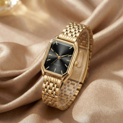 Gold Rectangular Women's Watch | Stainless Steel Link Bracelet | Black, Green & Pink Dial Options | Contemporary Elegant Timepiece