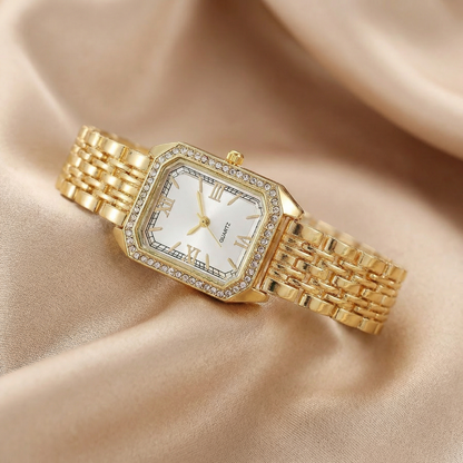 Gold Rectangular Bracelet Watch for Women | Crystal Accent Stainless Steel Timepiece | Roman Numeral Dial