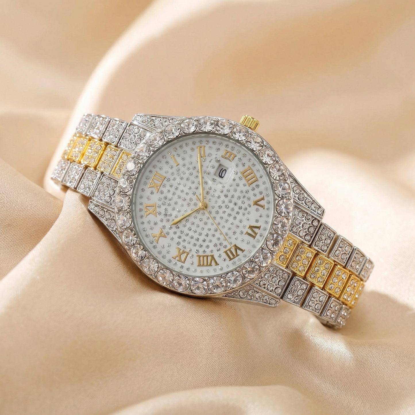 Premium Crystal Roman Dial Watch in Gold, Silver & Rose Gold | Elegant Diamond-Style Timepiece with Date Window
