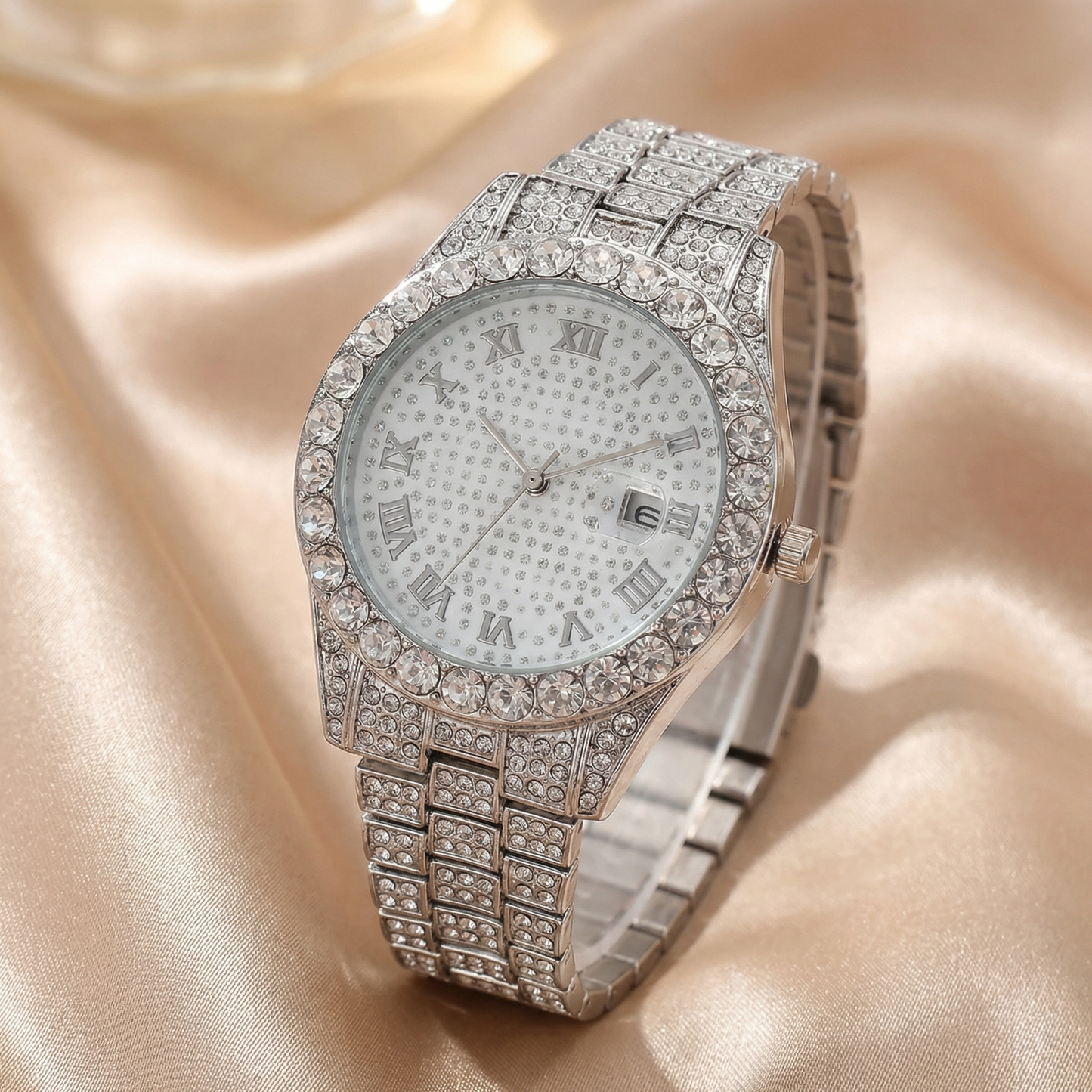 Premium Crystal Roman Dial Watch in Gold, Silver & Rose Gold | Elegant Diamond-Style Timepiece with Date Window