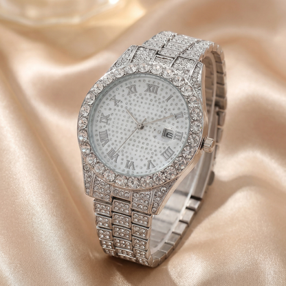 Premium Crystal Roman Dial Watch in Gold, Silver & Rose Gold | Elegant Diamond-Style Timepiece with Date Window