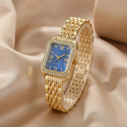 Gold Rectangular Bracelet Watch for Women | Crystal Accent Stainless Steel Timepiece | Roman Numeral Dial