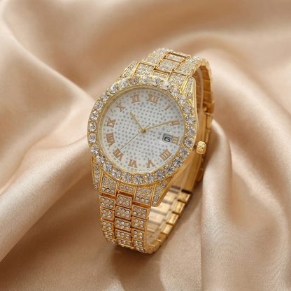 Premium Crystal Roman Dial Watch in Gold, Silver & Rose Gold | Elegant Diamond-Style Timepiece with Date Window