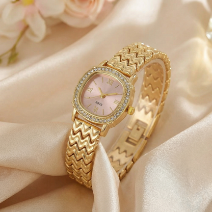 Gold Oval Dial Watch for Women | Stainless Steel Bracelet Watch | White, Black, Pink & Green Dial Choices | Crystal Accent Timepiece