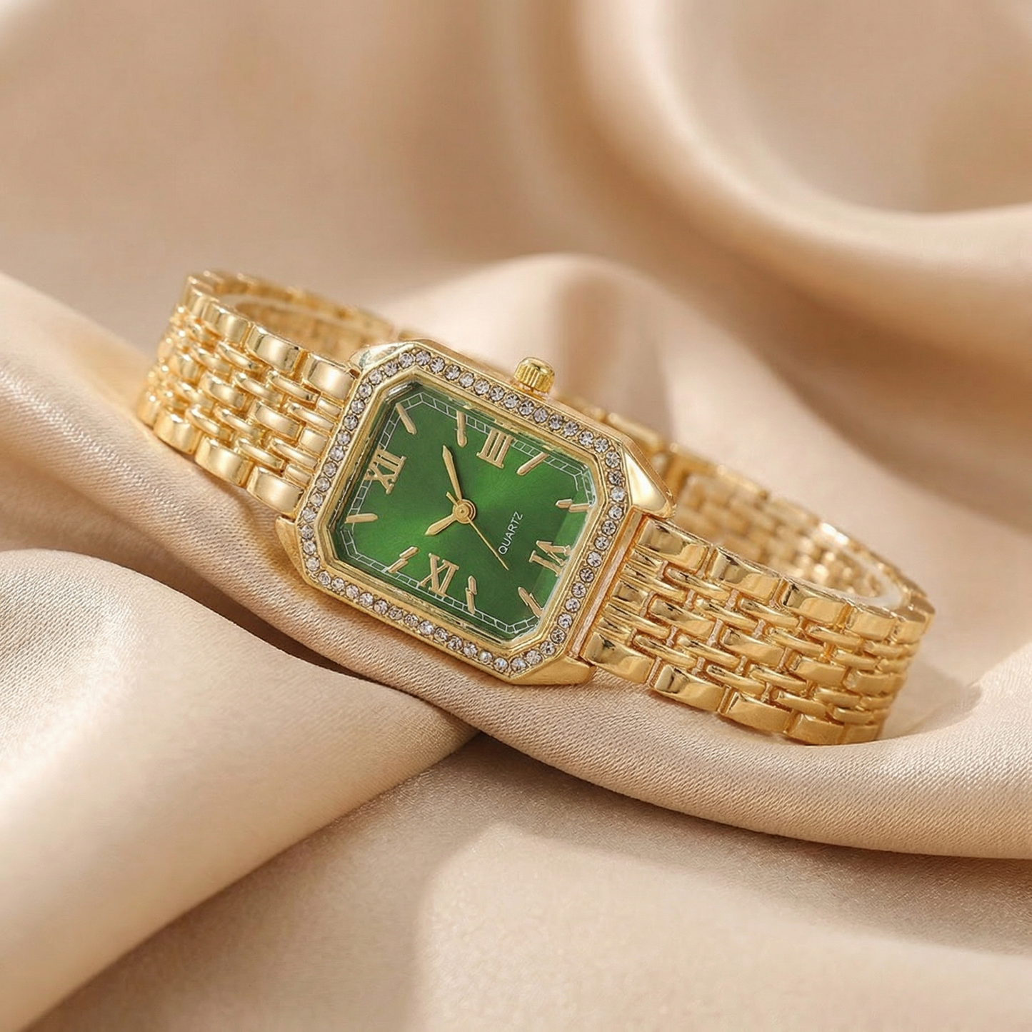 Gold Rectangular Bracelet Watch for Women | Crystal Accent Stainless Steel Timepiece | Roman Numeral Dial