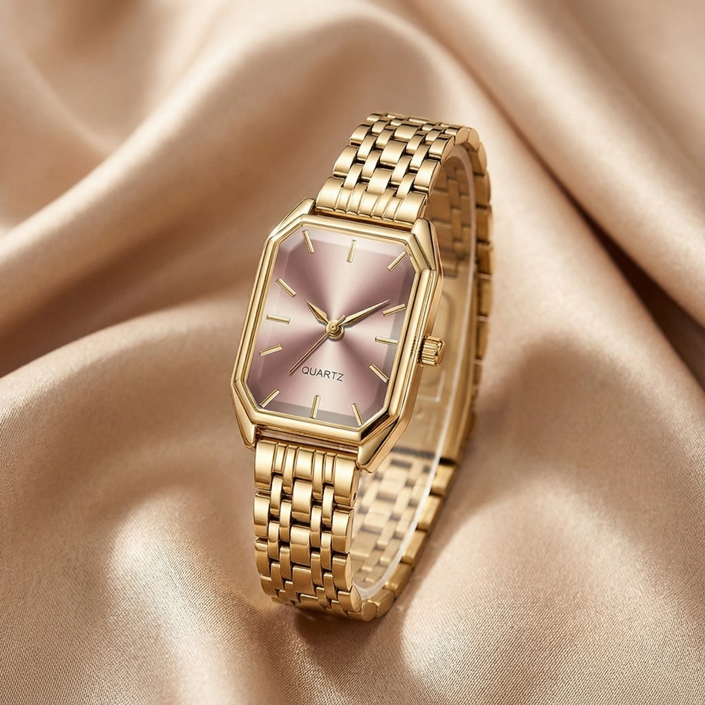 Gold Rectangular Women's Watch | Stainless Steel Link Bracelet | Black, Green & Pink Dial Options | Contemporary Elegant Timepiece