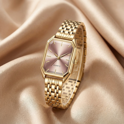 Gold Rectangular Women's Watch | Stainless Steel Link Bracelet | Black, Green & Pink Dial Options | Contemporary Elegant Timepiece