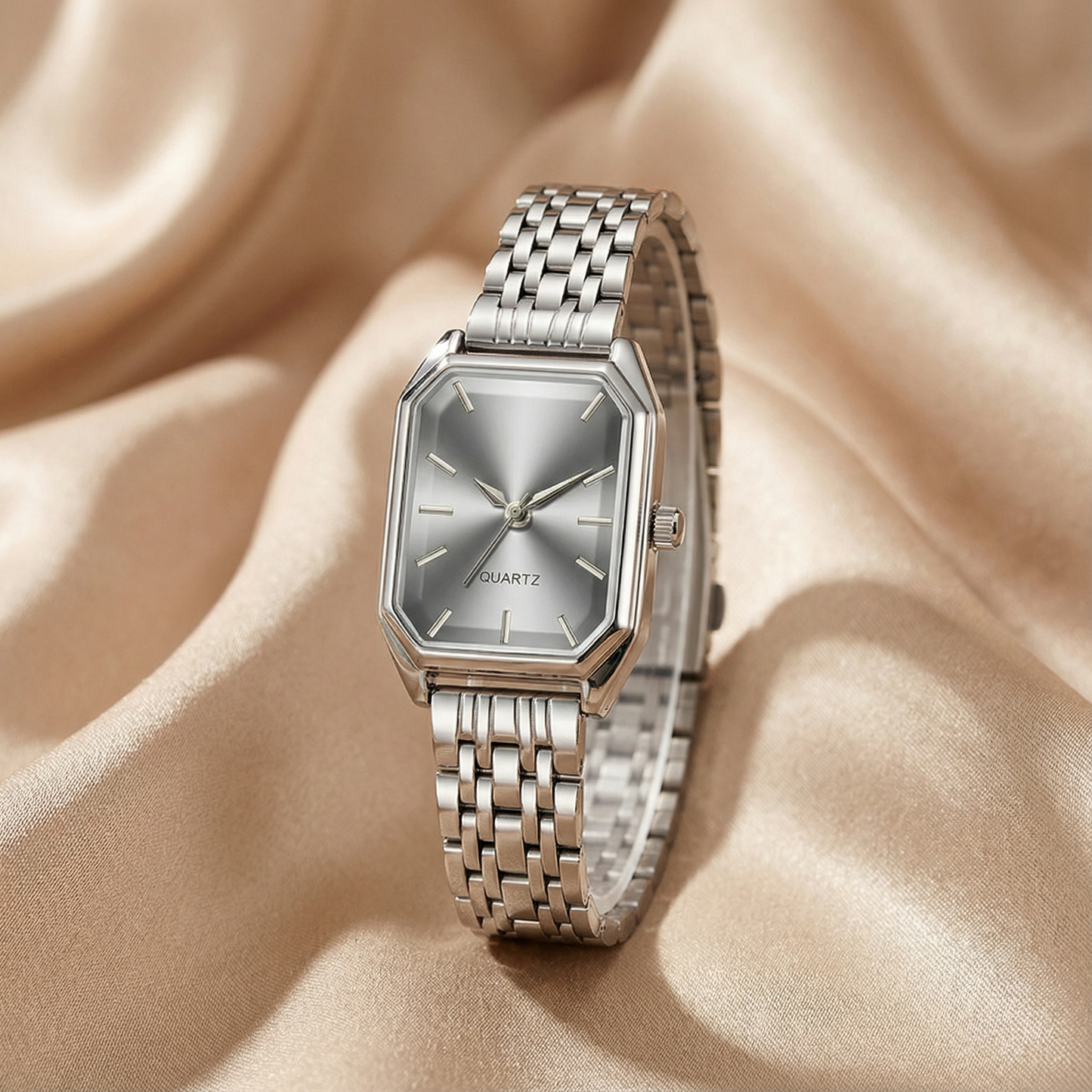Silver Rectangular Watch for Women | Stainless Steel Link Watch | Black, Blue & Silver Dial Options | Contemporary Minimalist Timepiece