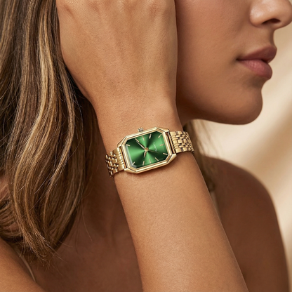 Gold Rectangular Women's Watch | Stainless Steel Link Bracelet | Black, Green & Pink Dial Options | Contemporary Elegant Timepiece