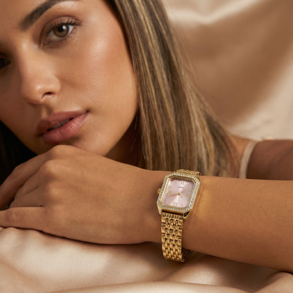 Gold Rectangular Bracelet Watch for Women | Crystal Accent Stainless Steel Timepiece | Roman Numeral Dial