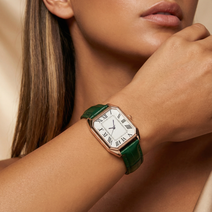 Rose Gold Rectangular Watch for Women | Leather Strap Watch | Green, Black, Red & Brown Options | Elegant Timeless Timepiece