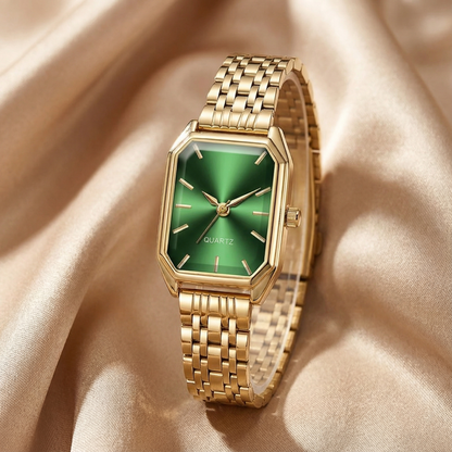 Gold Rectangular Women's Watch | Stainless Steel Link Bracelet | Black, Green & Pink Dial Options | Contemporary Elegant Timepiece