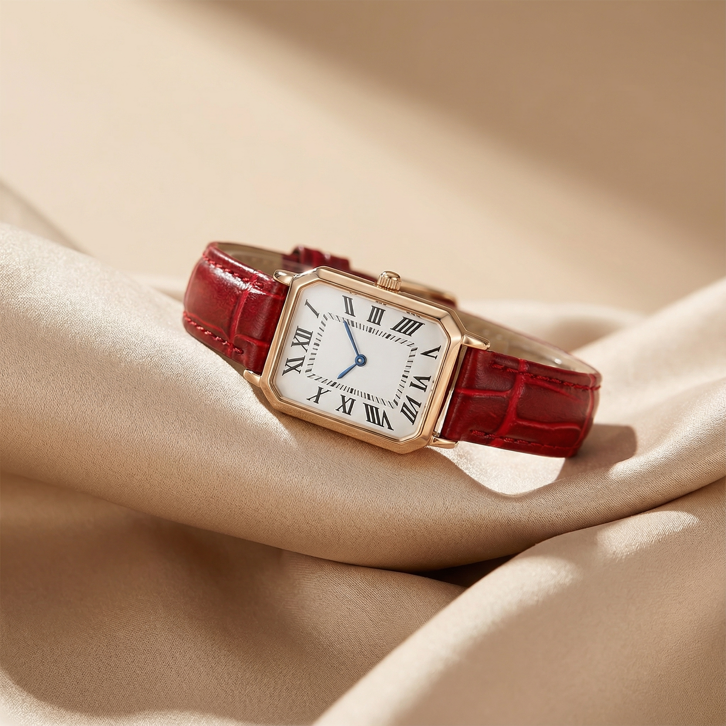 Rose Gold Rectangular Watch for Women | Leather Strap Watch | Green, Black, Red & Brown Options | Elegant Timeless Timepiece