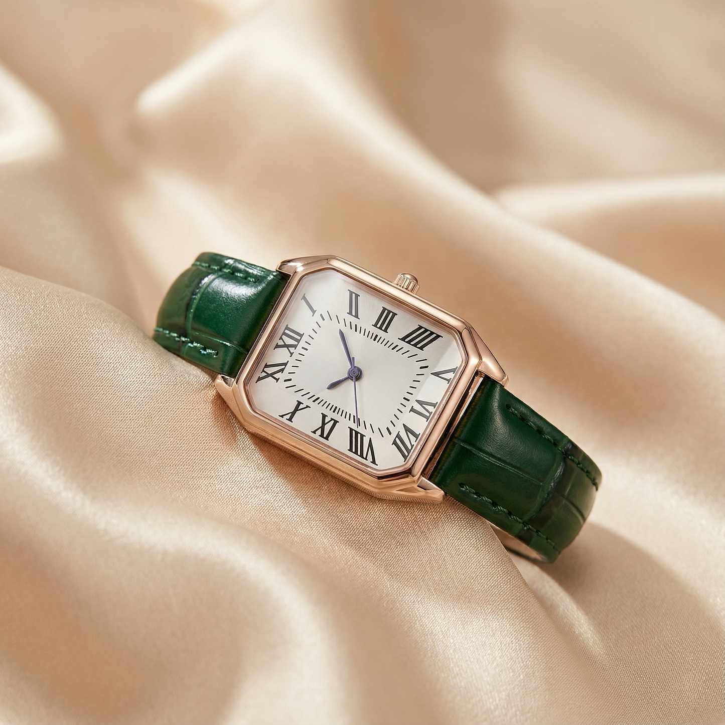 Rose Gold Rectangular Watch for Women | Leather Strap Watch | Green, Black, Red & Brown Options | Elegant Timeless Timepiece
