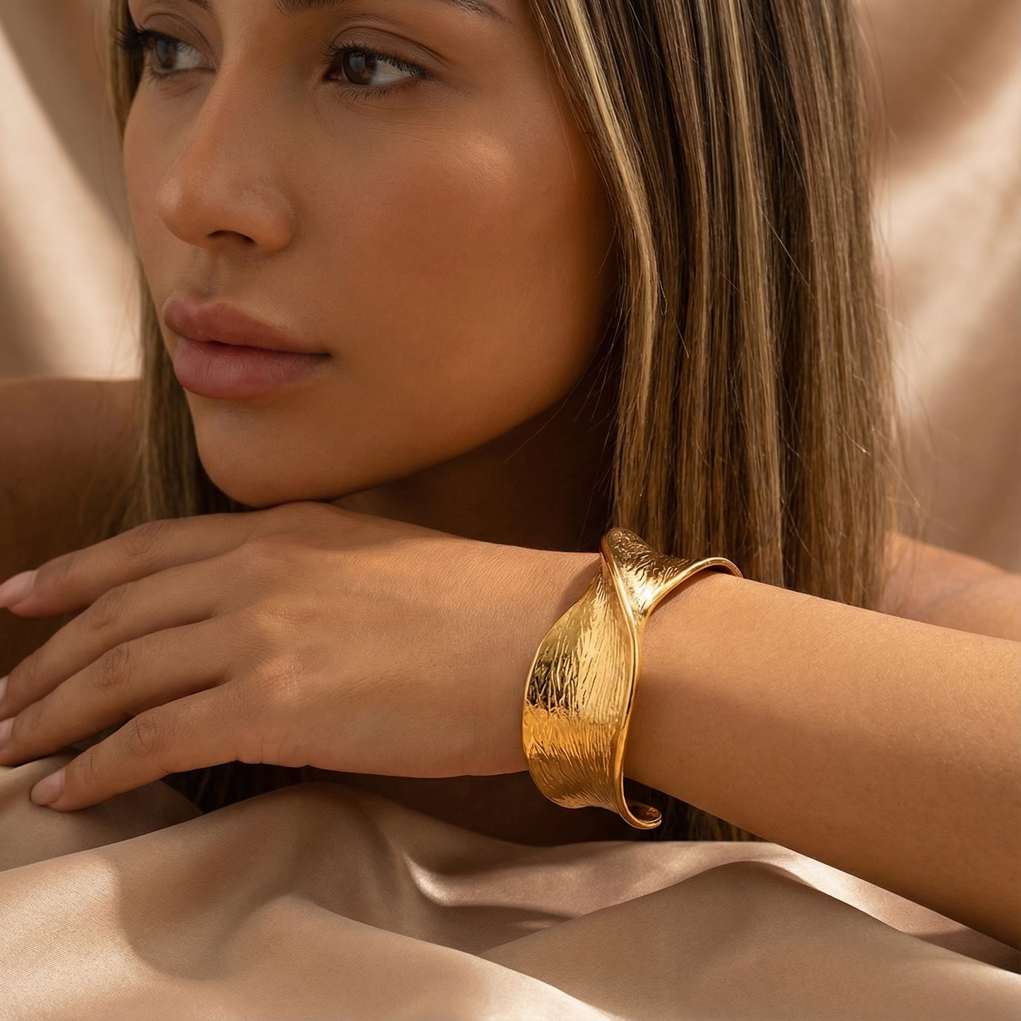 Organic Wave Cuff Bracelet | Gold Stainless Steel | Adjustable Design | Contemporary Timeless Elegance