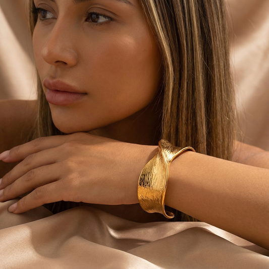 Organic Wave Cuff Bracelet | Gold Stainless Steel | Adjustable Design | Contemporary Timeless Elegance