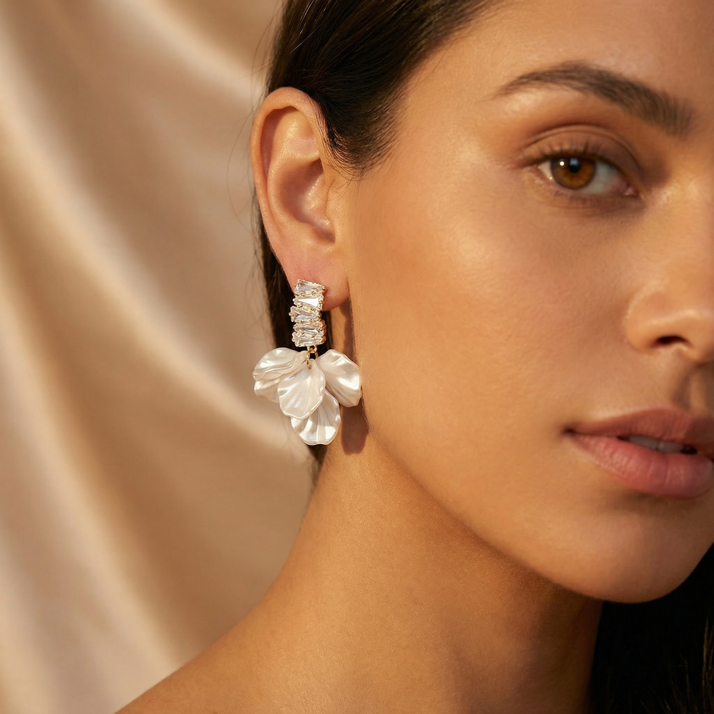 Floral Pearl Drop Earrings with Crystal Accent Detail | Elegant Gold Statement Jewellery