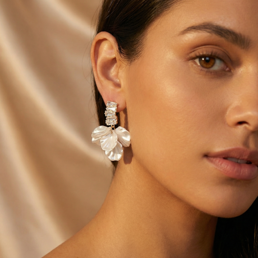 Floral Pearl Drop Earrings with Crystal Accent Detail | Elegant Gold Statement Jewellery