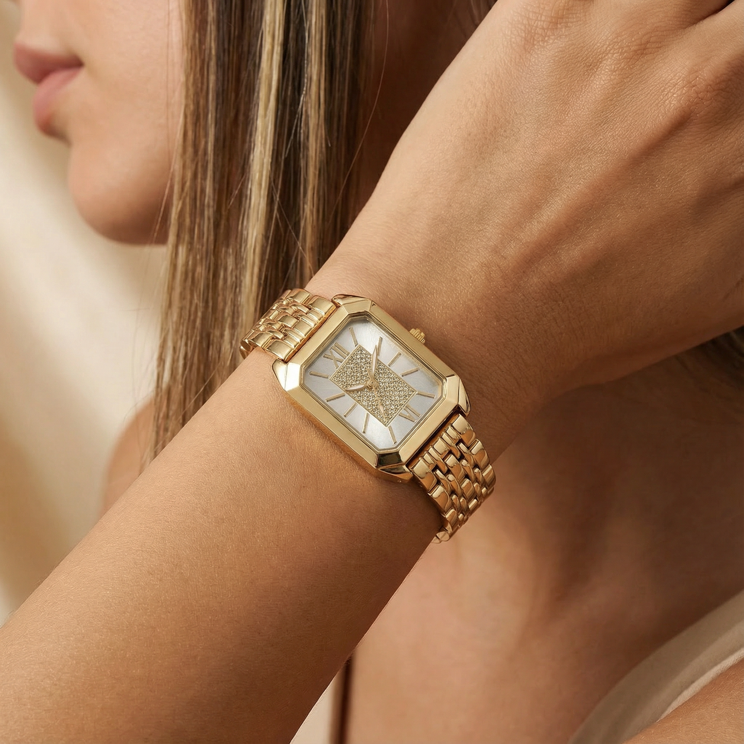 Gold Rectangular Watch for Women | Stainless Steel Link Watch | Black, Green & White Dial Options | Contemporary Fashion Timepiece