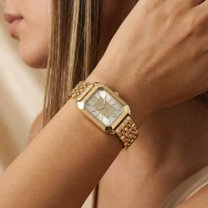 Gold Rectangular Watch for Women | Stainless Steel Link Watch | Black, Green & White Dial Options | Contemporary Fashion Timepiece