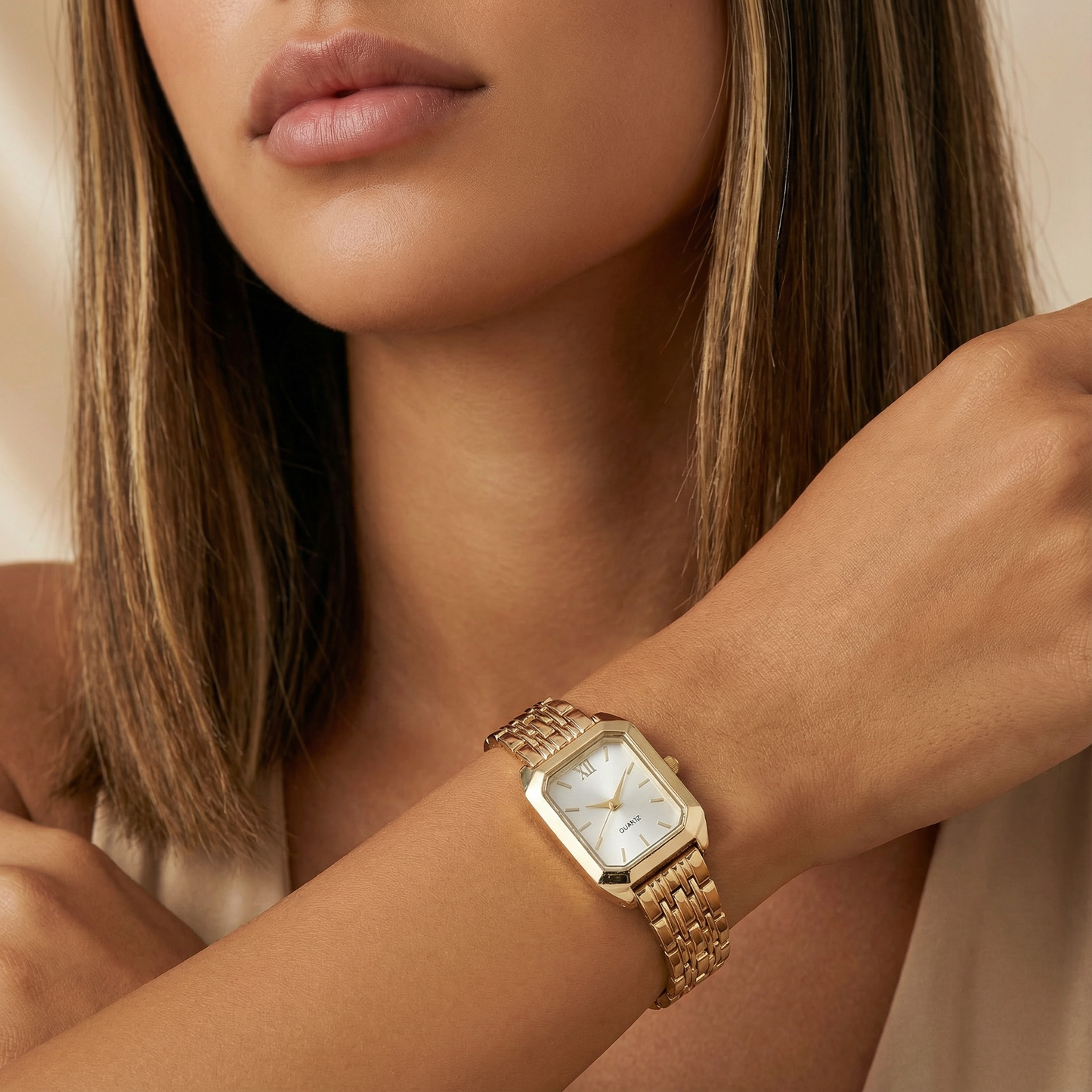 Gold Square Watch for Women | Stainless Steel Link Bracelet | White & Pink Dial Options | Contemporary Fashion Timepiece