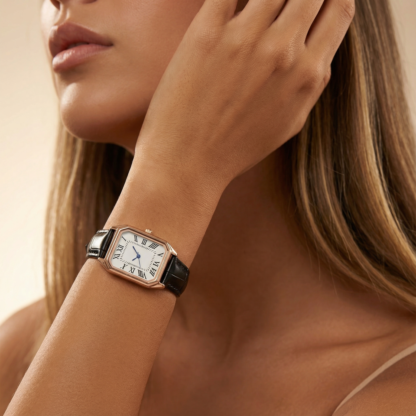 Rose Gold Rectangular Watch for Women | Leather Strap Watch | Green, Black, Red & Brown Options | Elegant Timeless Timepiece