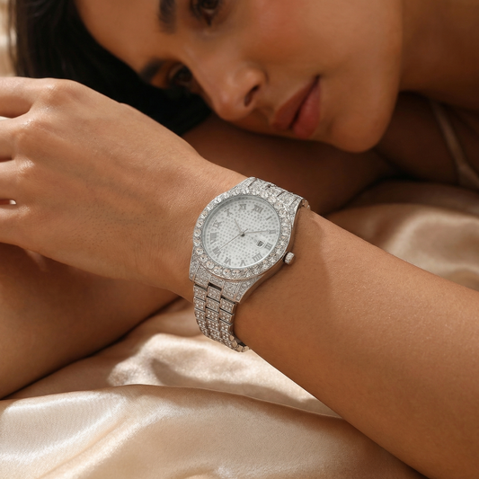 Premium Crystal Roman Dial Watch in Gold, Silver & Rose Gold | Elegant Diamond-Style Timepiece with Date Window