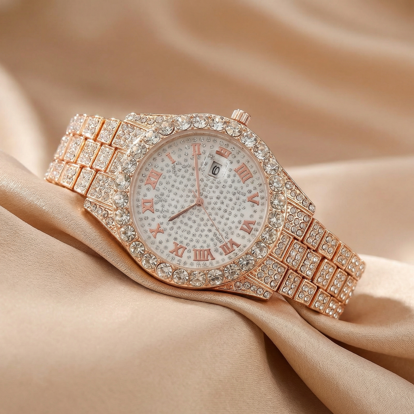 Premium Crystal Roman Dial Watch in Gold, Silver & Rose Gold | Elegant Diamond-Style Timepiece with Date Window