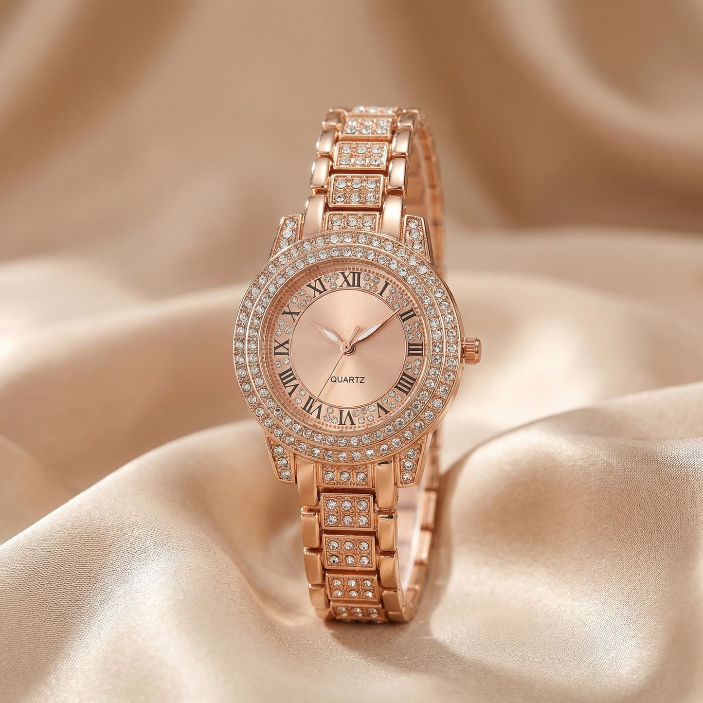 Stainless Steel Quartz Watch | Rose Gold & Silver Tone | Crystal Accent Timepiece