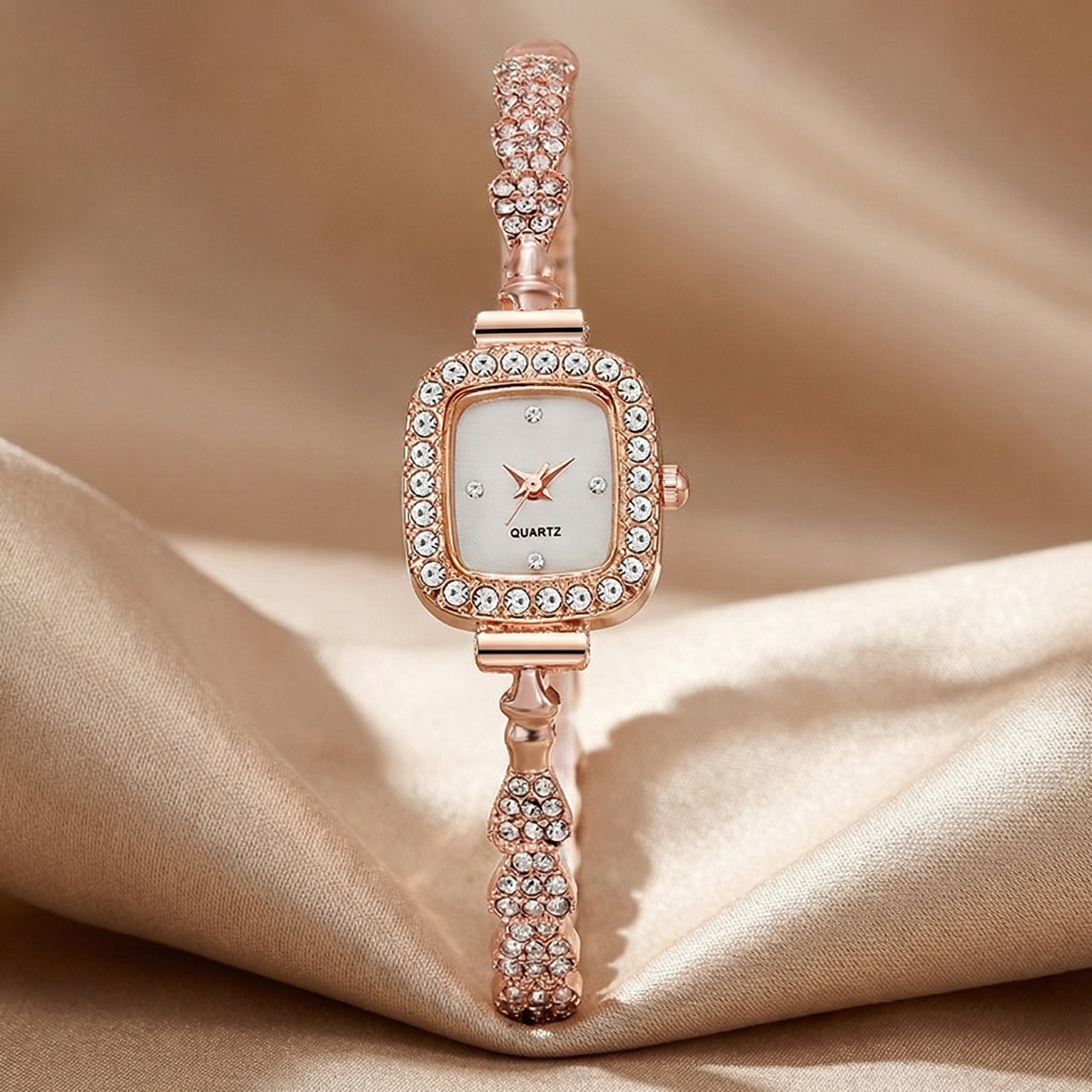 Gold, Silver & Rose Gold Crystal Bracelet Watch | Stainless Steel Quartz Timepiece with Square Dial | Elegant Luxury Watch