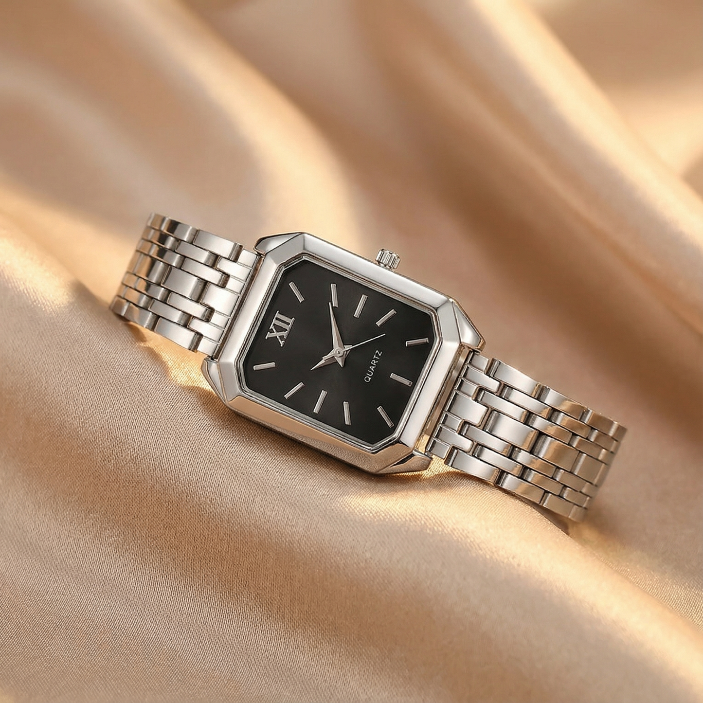 Silver Square Watch for Women | Stainless Steel Link Bracelet | Pink, Green, Silver & Black Dial Options | Contemporary Fashion Timepiece